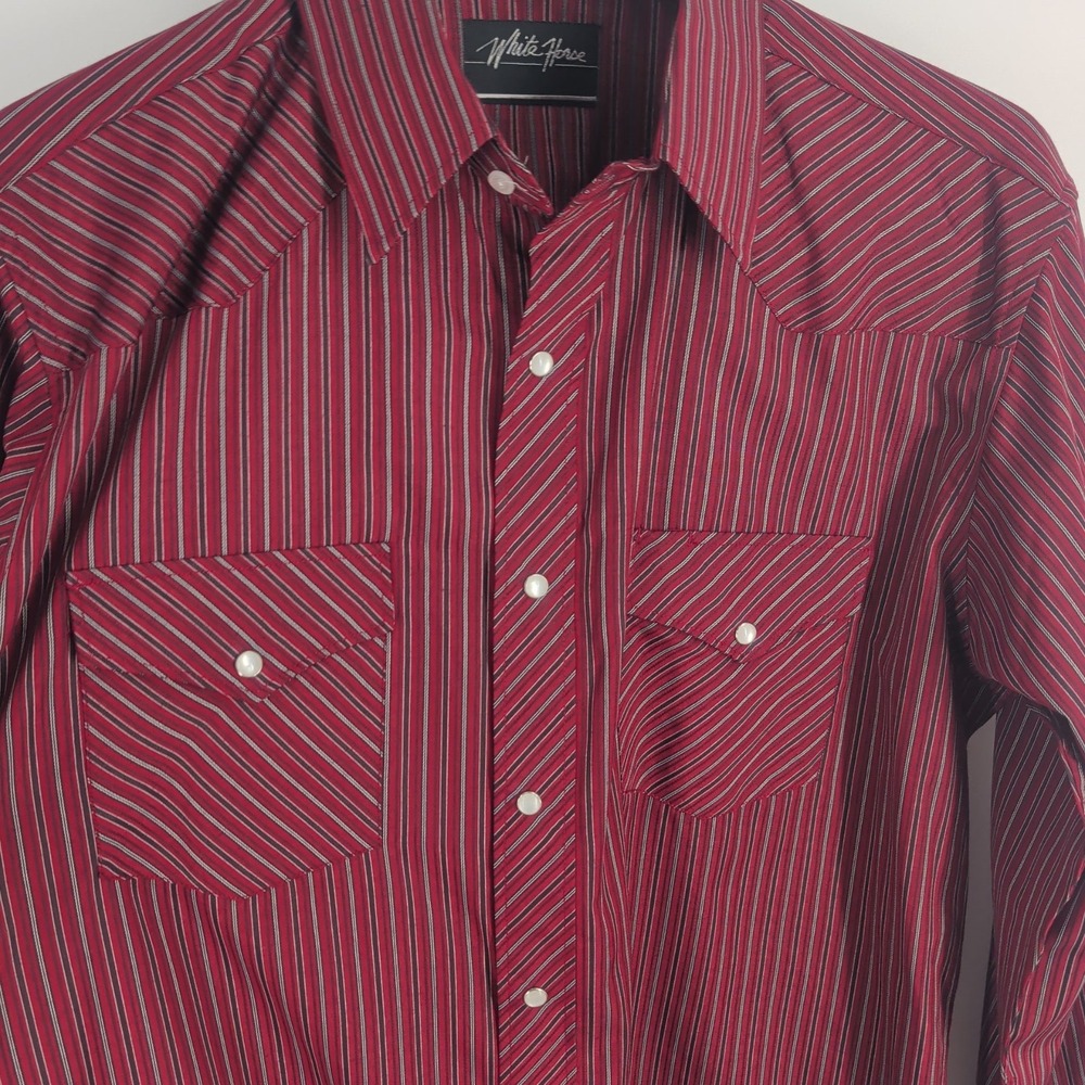 White Horse Pearl Snap Flap Pockets Western Classic Shirt Maroon Red Size L - Picture 3 of 9